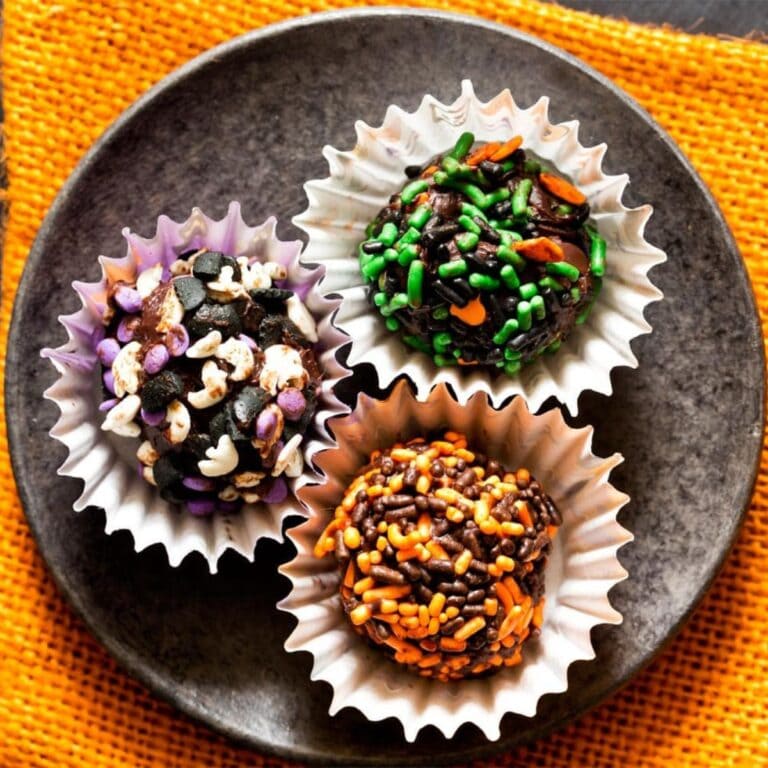 Three Halloween truffles on a black plate.