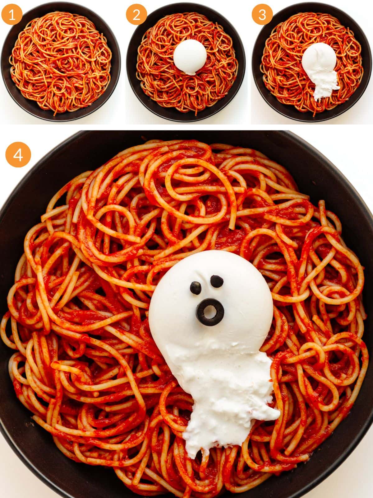 Numbered photo collage showing how to make Halloween spaghetti with a burrata ghost on top.