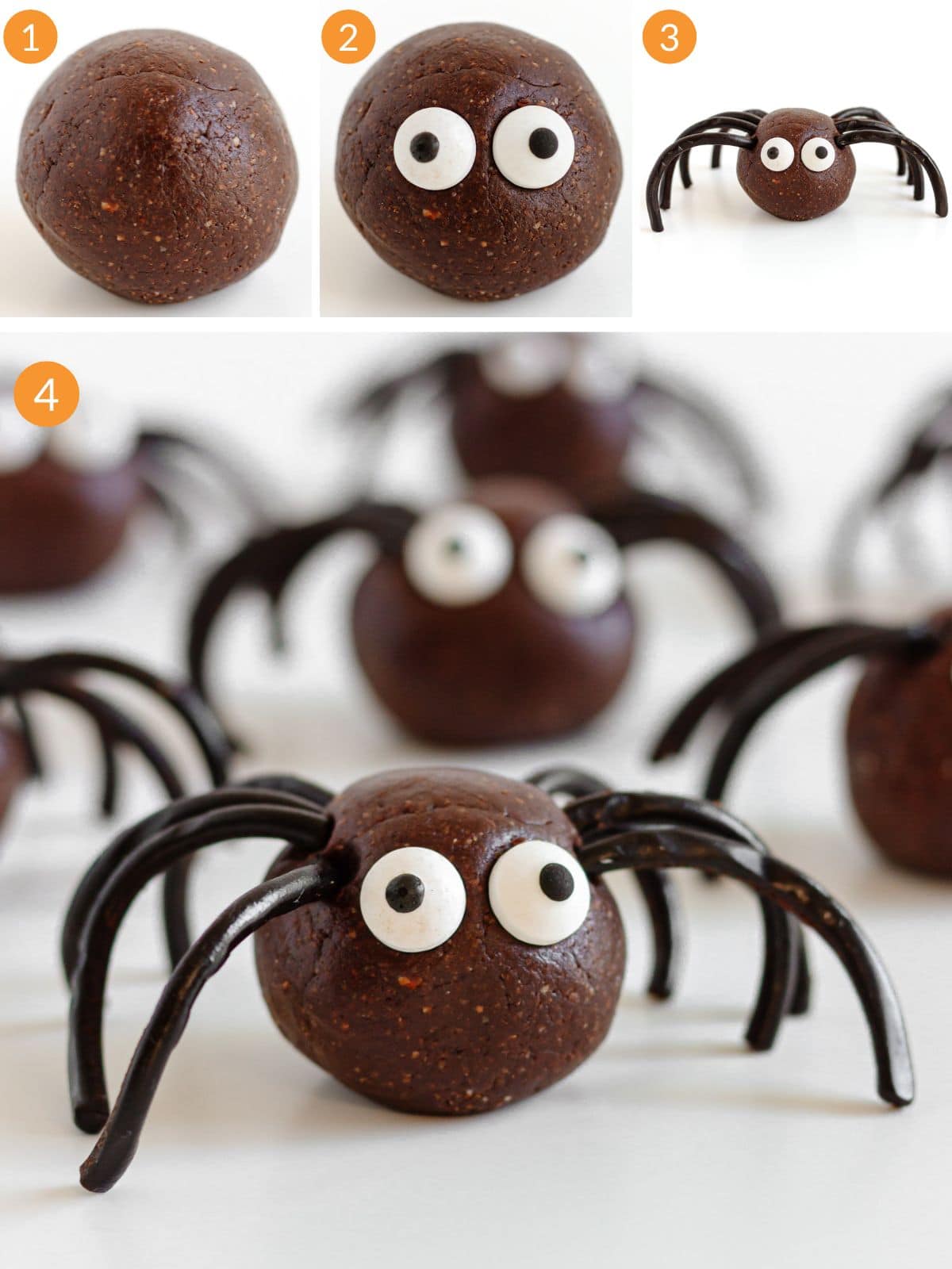 Numbered photo collage showing how to make spider energy balls.