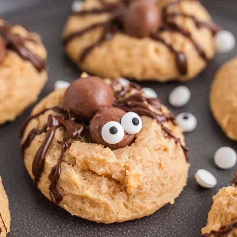 Peanut butter cookies topped with chocolate spiders.