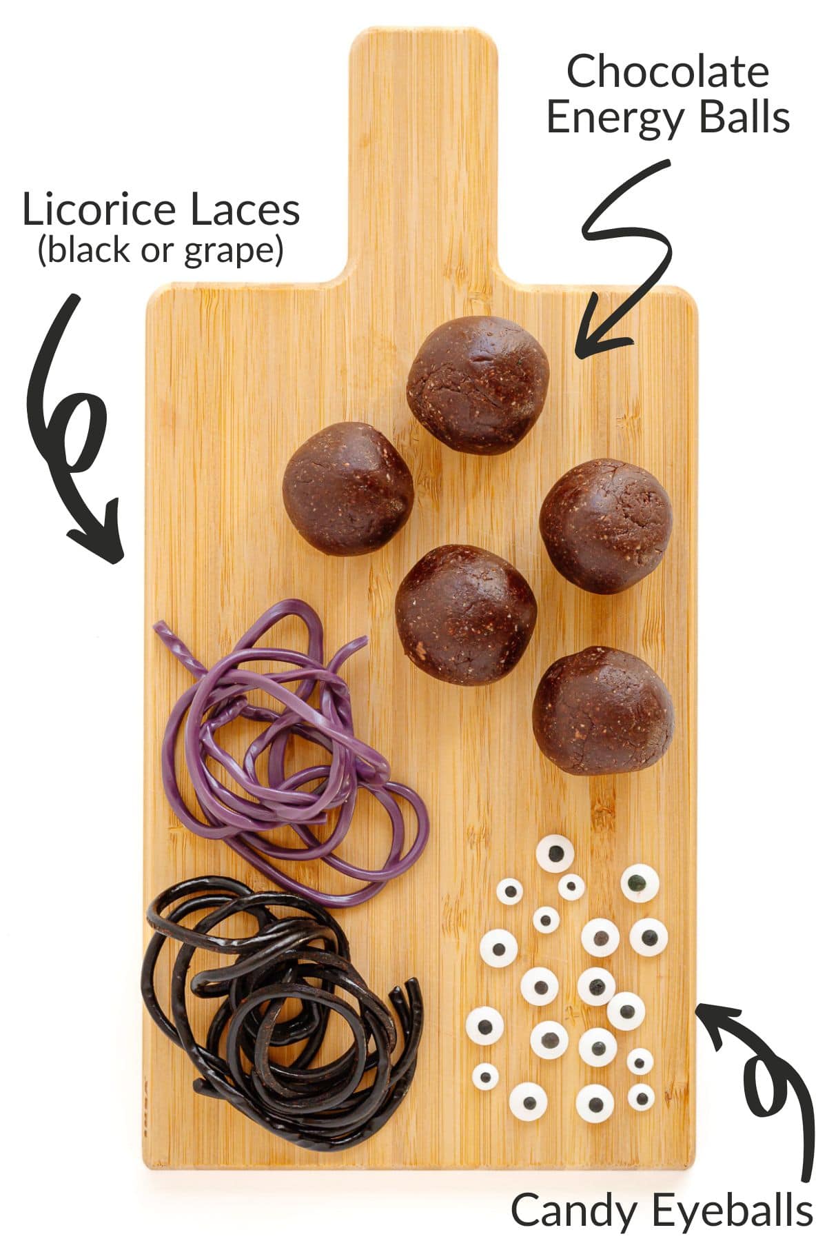 Labelled photo of ingredients needed to make spider energy balls.