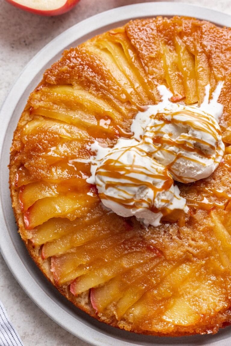 Closeup of apple upside down cake.