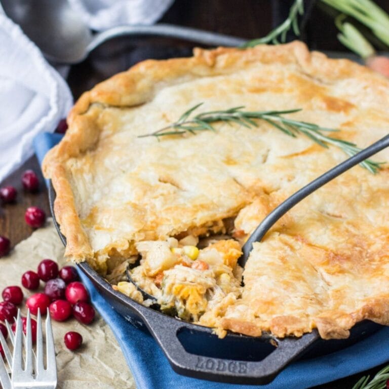 Turkey pot pie in a cast iron skillet.