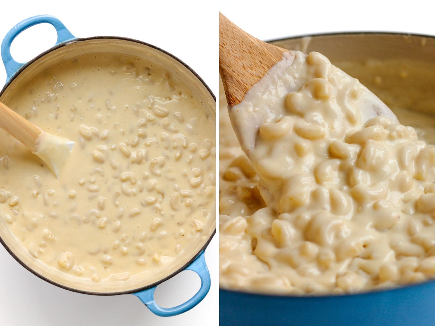 Photo collage showing macaroni being combined with gouda cheese sauce in a dutch oven.