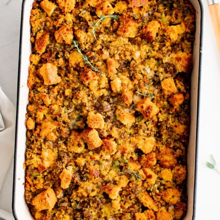 Cornbread dressing in a casserole dish.