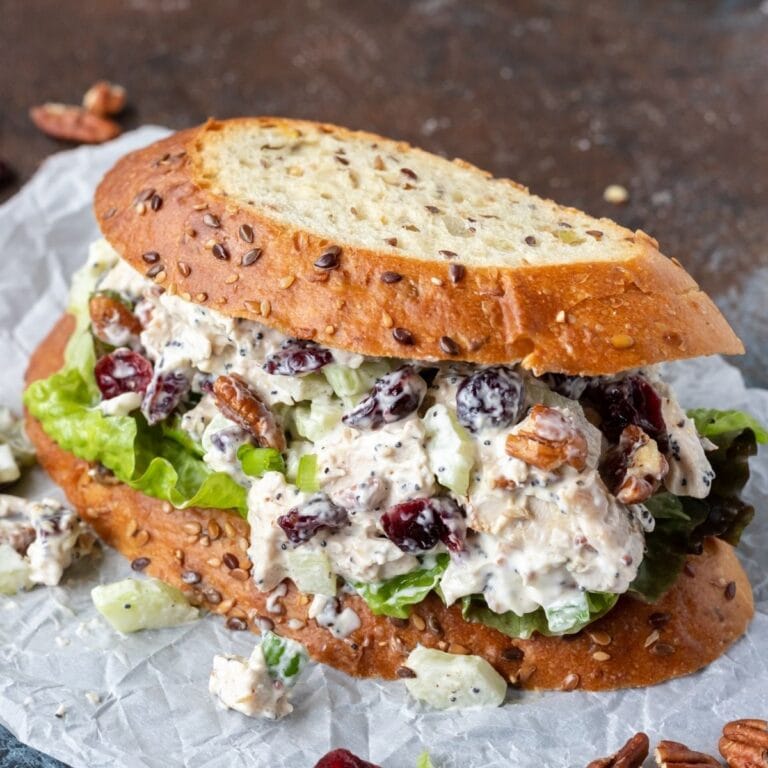 A cranberry pecan turkey salad sandwich.