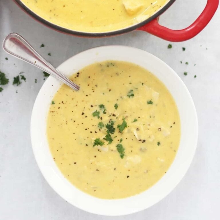 Bowl of creamy turkey leek soup.