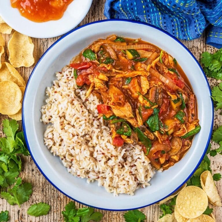 Turkey curry and rice in a bowl.
