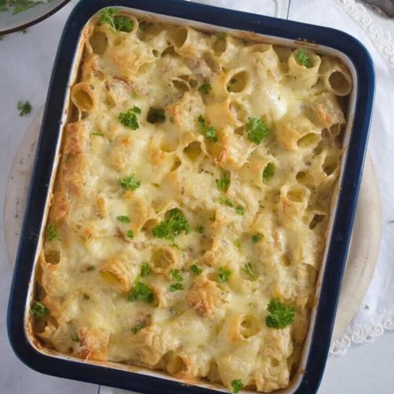 Turkey pasta bake in casserole dish.