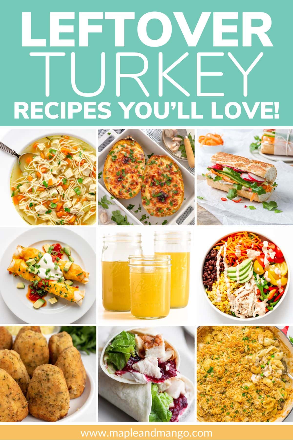 Pinterest collage graphic for leftover turkey recipes.