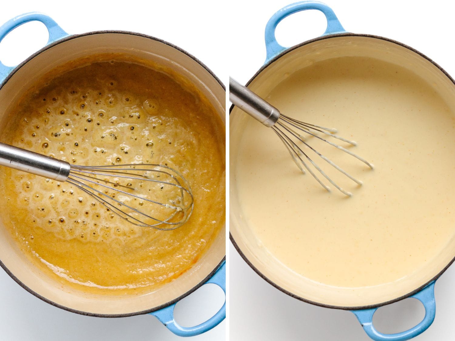 Photo collage showing gouda cheese sauce being made.