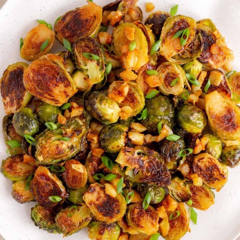 Closeup of miso roasted brussels sprouts.