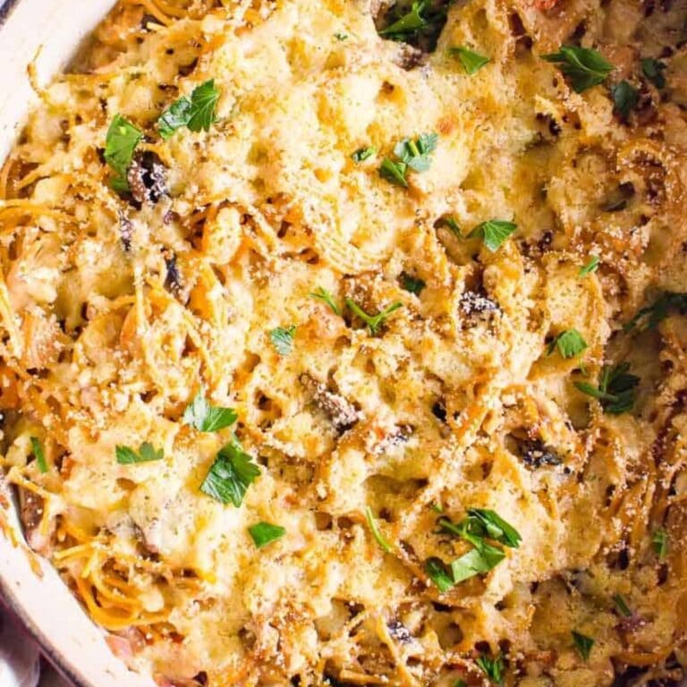 Closeup of turkey tetrazzini in a pot.