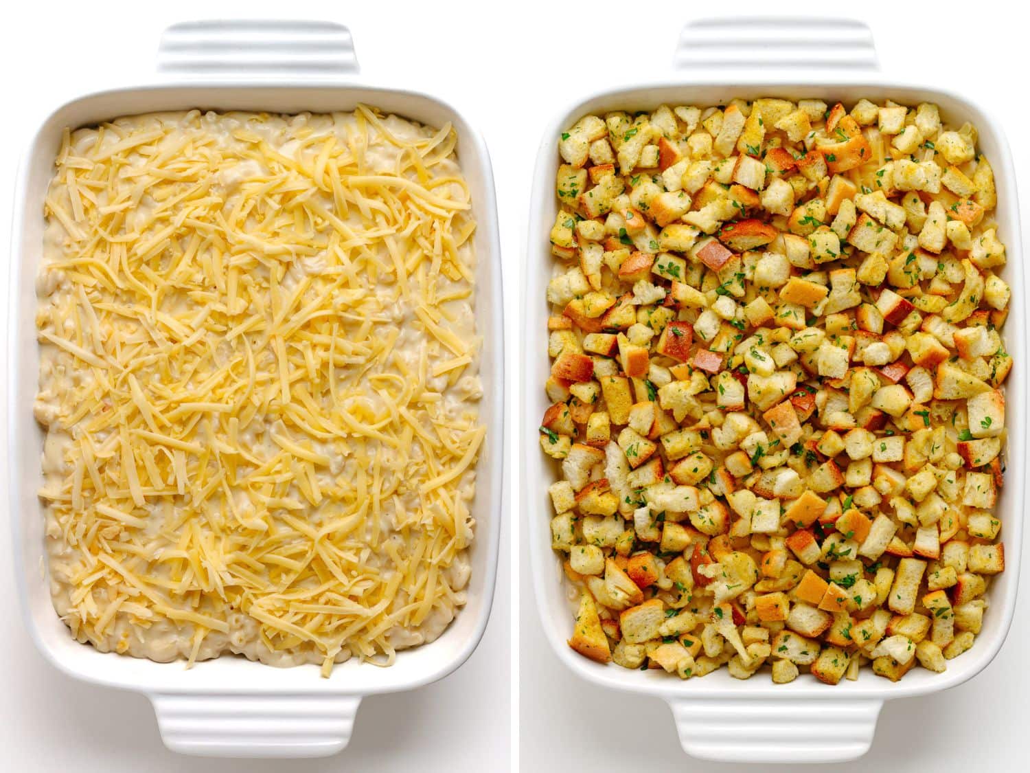 Photo collage showing gouda mac and cheese being prepared in white casserole dish for baked version.