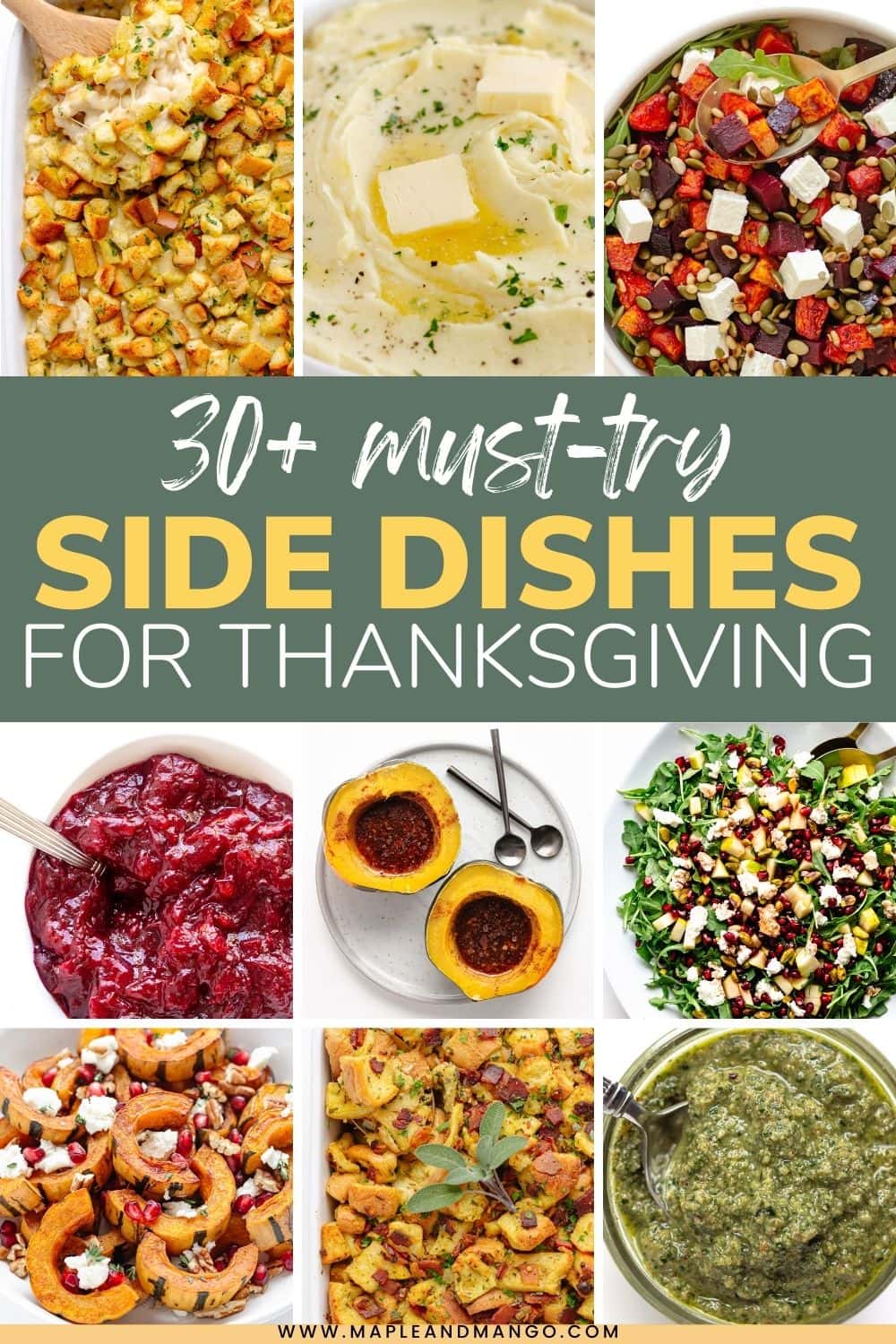 Pinterest collage graphic for "30+ Must-Try Side Dishes For Thanksgiving".