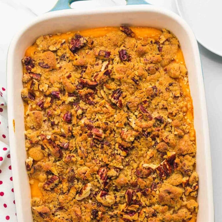 Sweet potato casserole with crunchy pecan topping.