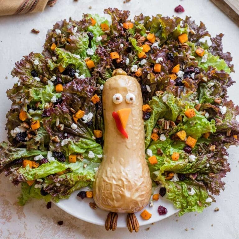 Turkey shaped salad with butternut squash.