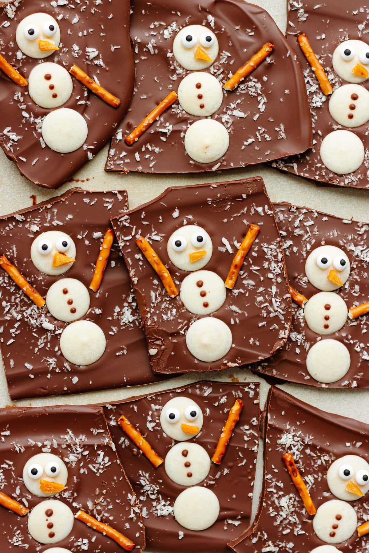 Christmas chocolate bark decorated with snowmen.