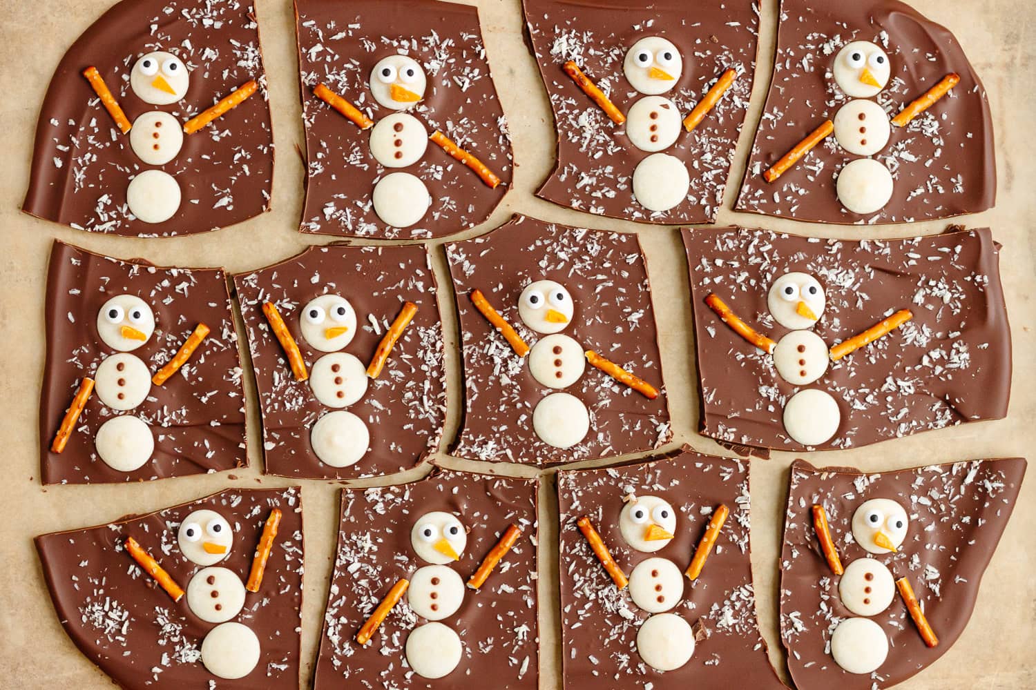 Snowman chocolate bark cut into pieces.