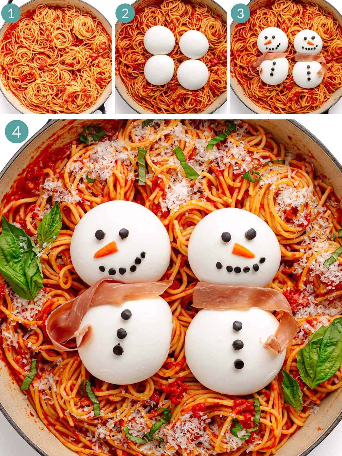 Numbered photo collage showing how to make Christmas pasta with burrata snowmen on top.