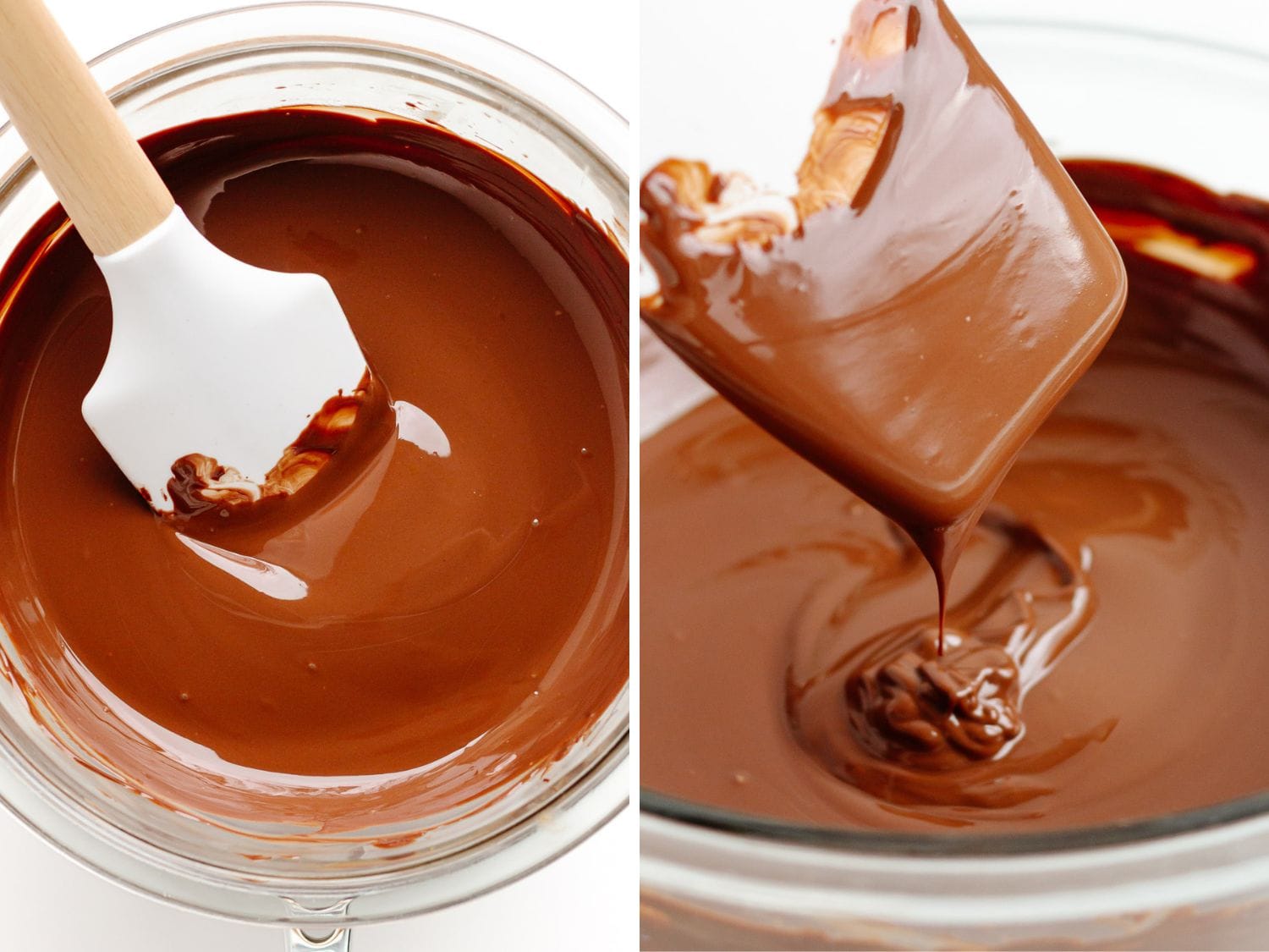 Photo collage of chocolate being melted and stirred in a glass bowl with a white rubber spatula.