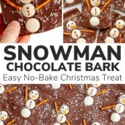 Pinterest collage graphic for Snowman Chocolate Bark.