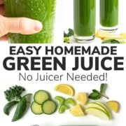 Pinterest collage graphic for easy homemade green juice recipe.