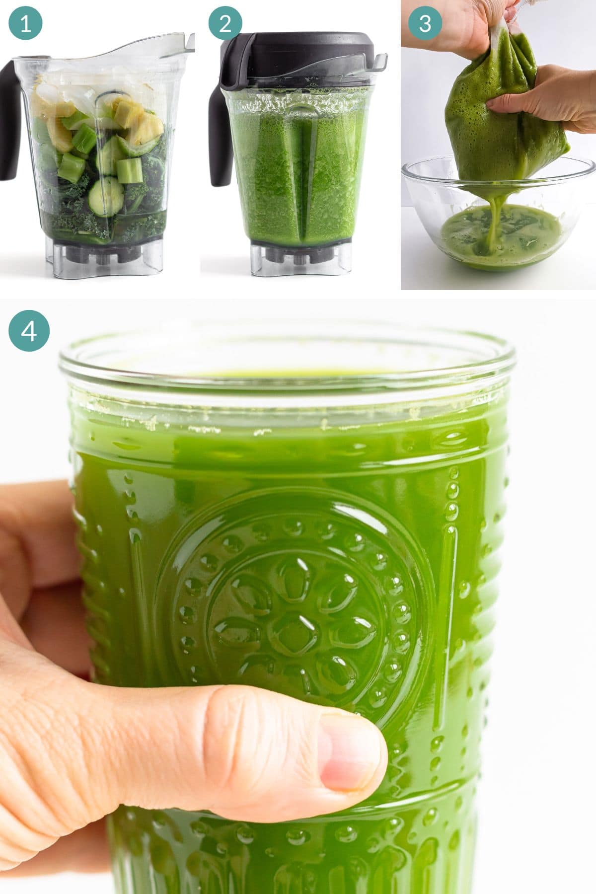 Numbered photo collage showing how to make green juice in the blender.