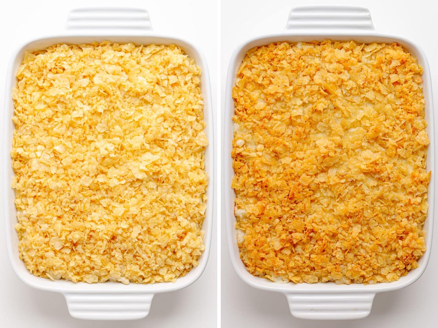 Photo collage showing before and after white cheddar mac and cheese with chip topping being baked.