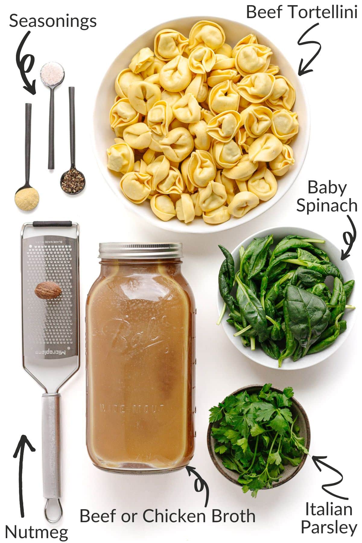 Labelled photo of ingredients to make beef tortellini soup.