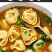 Pinterest graphic for beef tortellini soup.