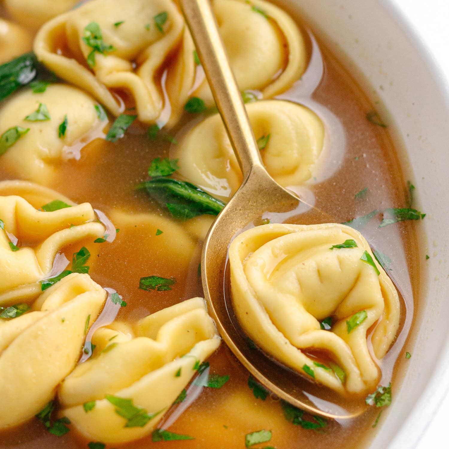 Closeup of beef tortellini soup in a white bowl.