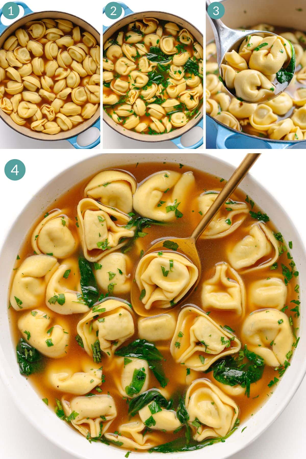Numbered photo collage showing how to make easy beef tortellini soup.