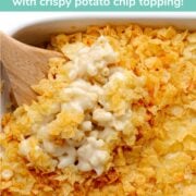 Pinterest graphic for white cheddar mac and cheese recipe with crispy potato chip topping.