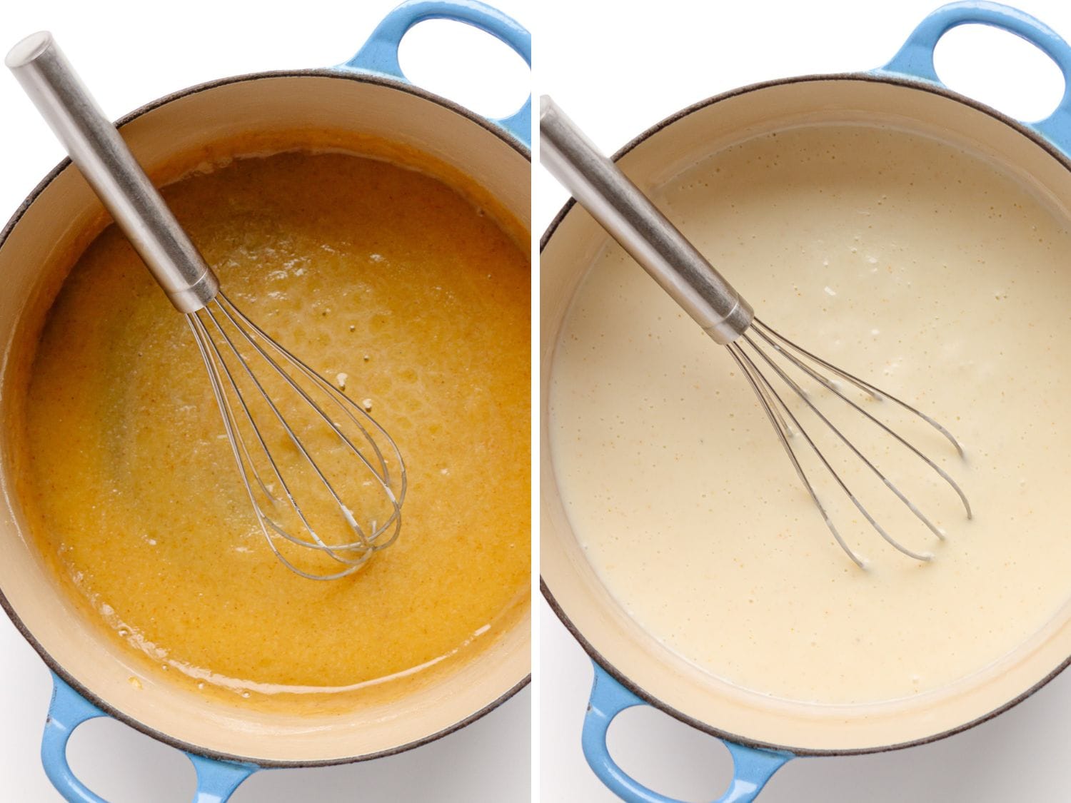 Photo collage showing white cheddar cheese sauce being made in a blue dutch oven.