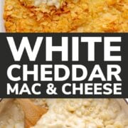 Pinterest photo collage for white cheddar mac and cheese recipe.