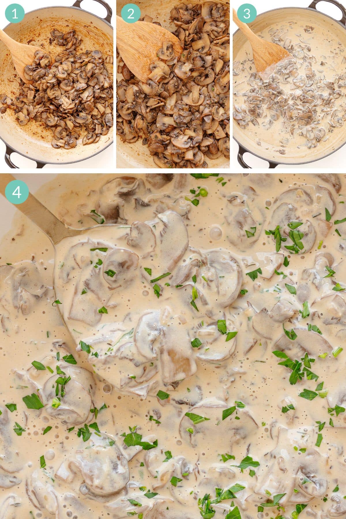 Numbered collage graphic showing how to make mushroom cream sauce.