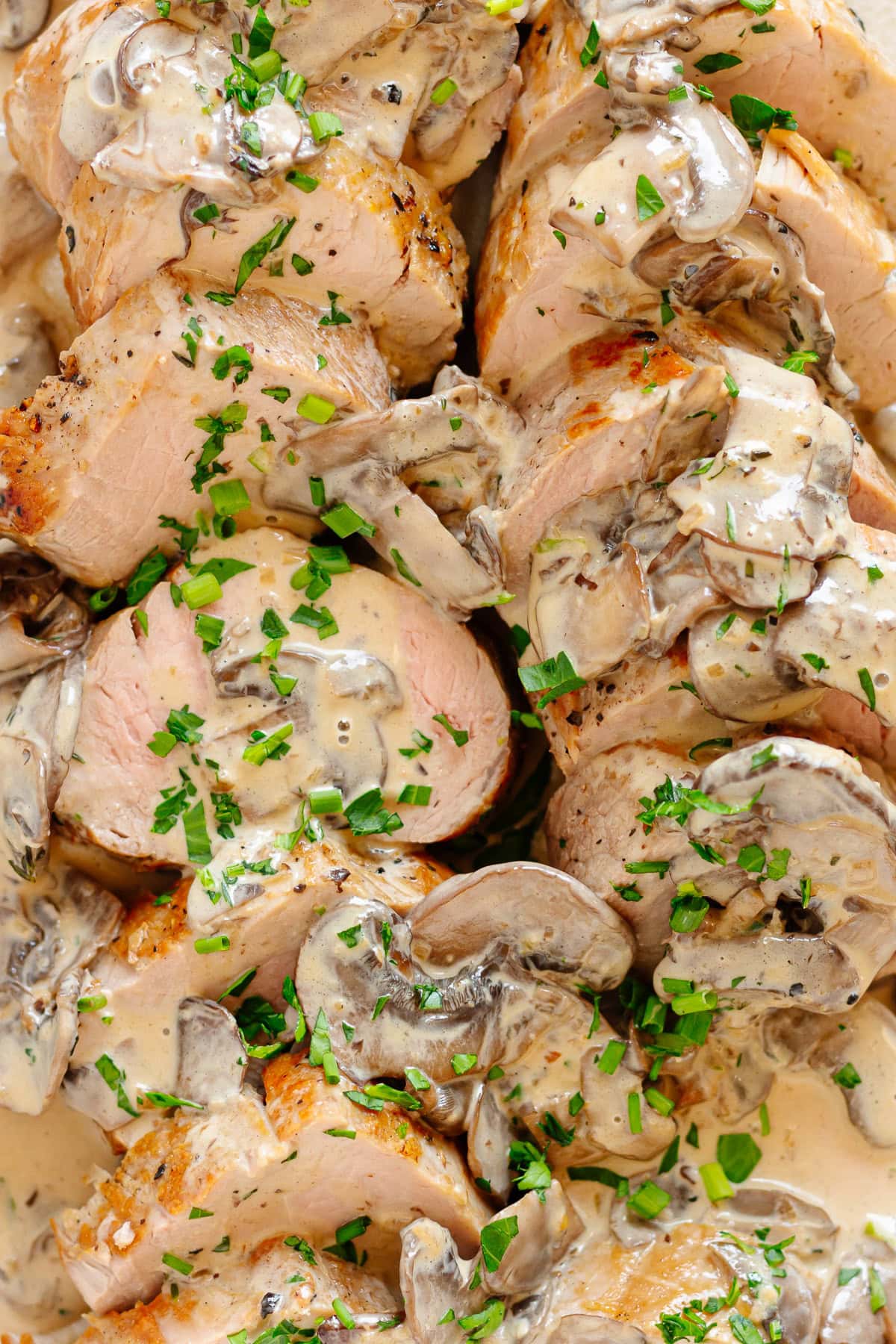 Pork tenderloin slices with mushroom cream sauce.