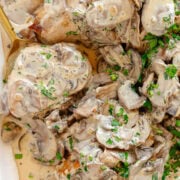 Pieces of pork tenderloin covered with mushroom sauce.