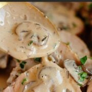 Pinterest graphic for pork tenderloin with mushroom sauce recipe.