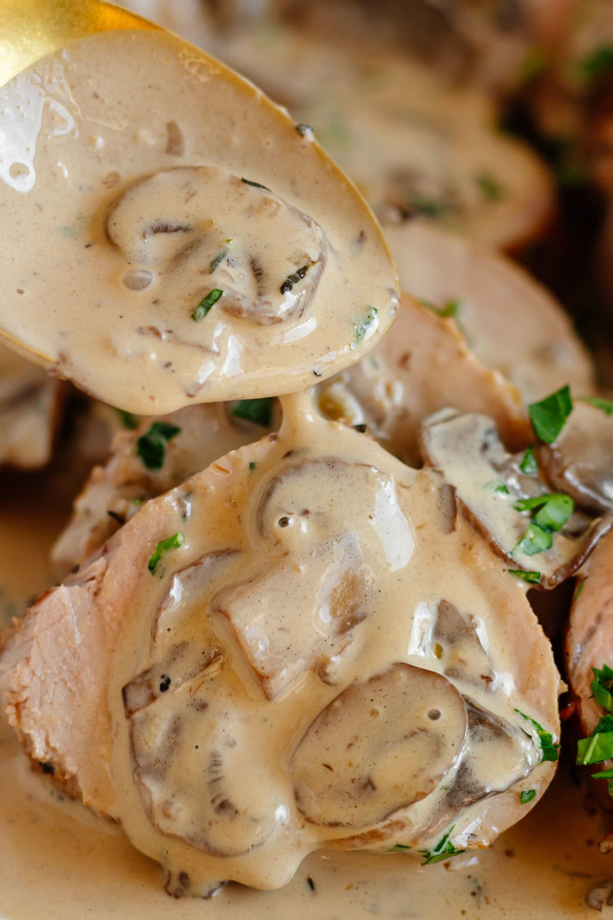 Spoon drizzling creamy mushroom sauce over sliced pork tenderloin.