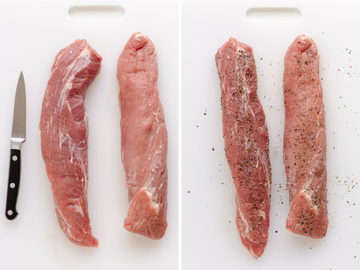 Photo collage showing two pork tenderloins being trimmed and seasoned.