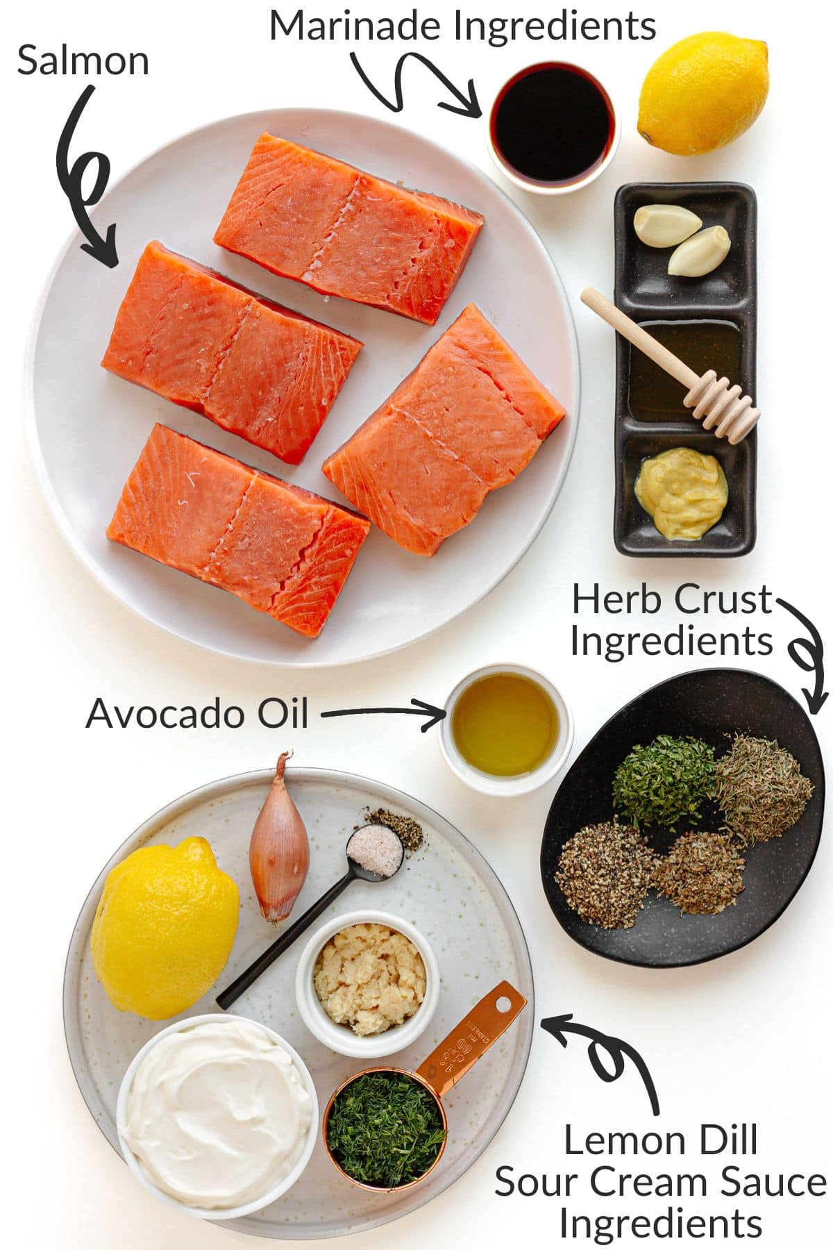 Labelled photo of ingredients for herb crusted salmon with lemon dill sour cream sauce.