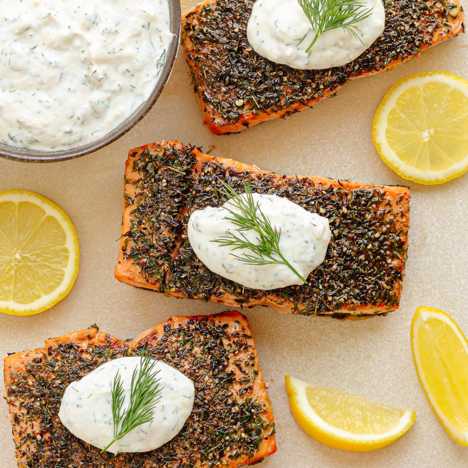 Herb Crusted Salmon with Lemon Dill Sour Cream Sauce