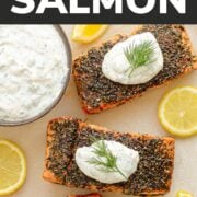 Pinterest graphic for herb crusted salmon.