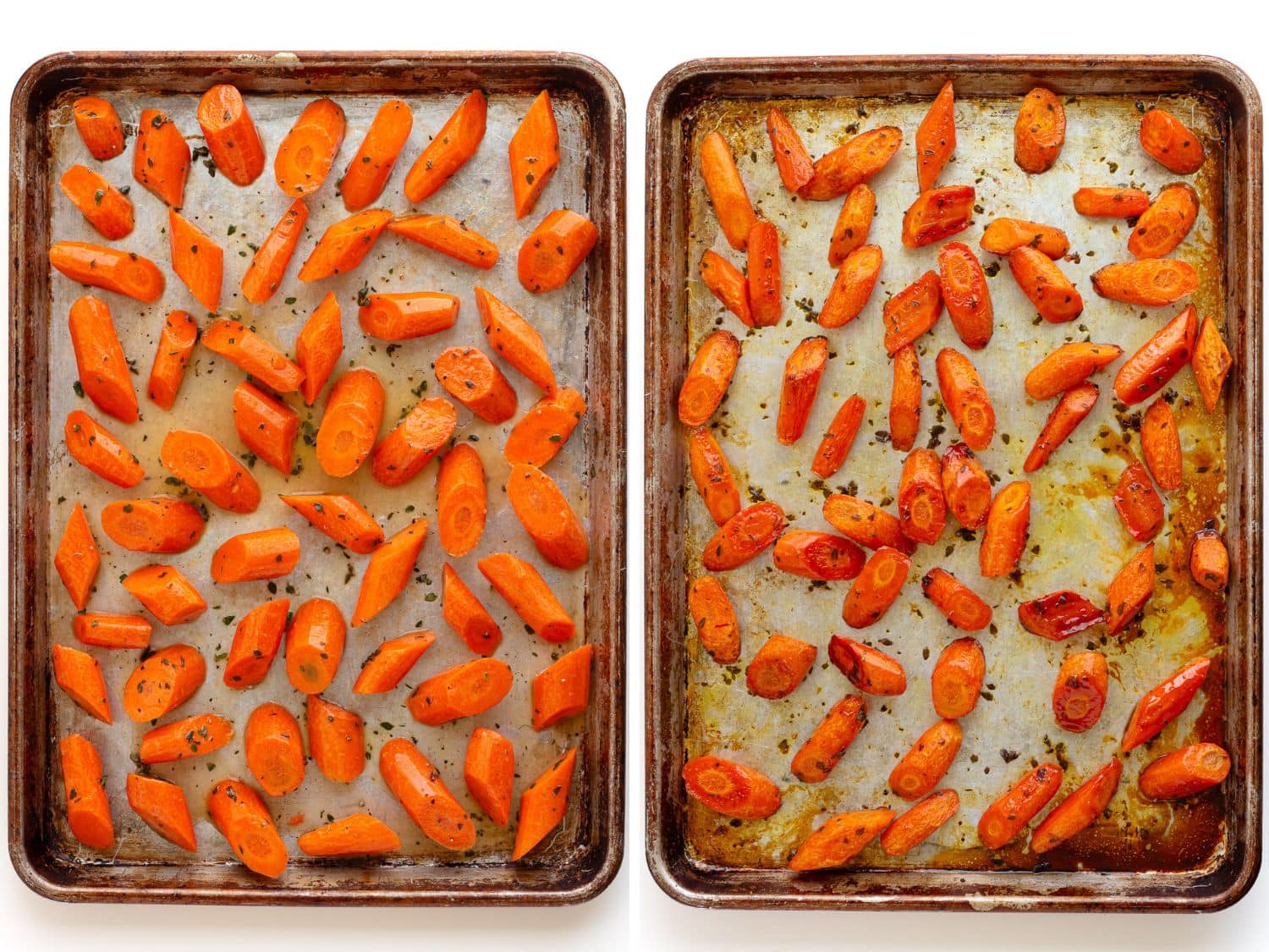Photo collage of honey thyme carrots on baking sheet before and after roasting.