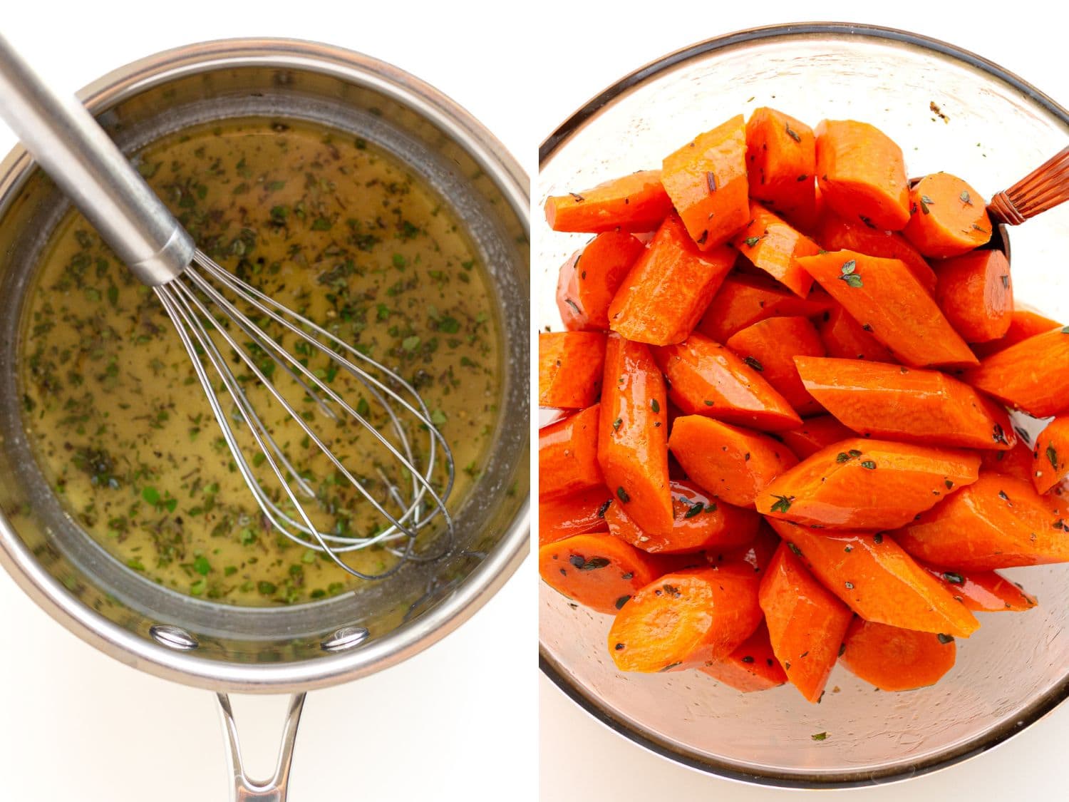 Photo collage of two photos, honey thyme glaze being whisked in small pot and sliced carrots tossed with glaze in a glass bowl.