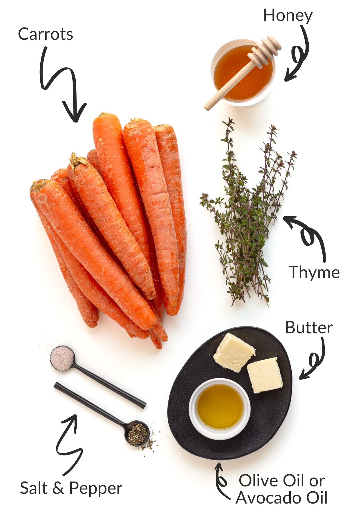 Labelled photo of ingredients for honey thyme roasted carrots.