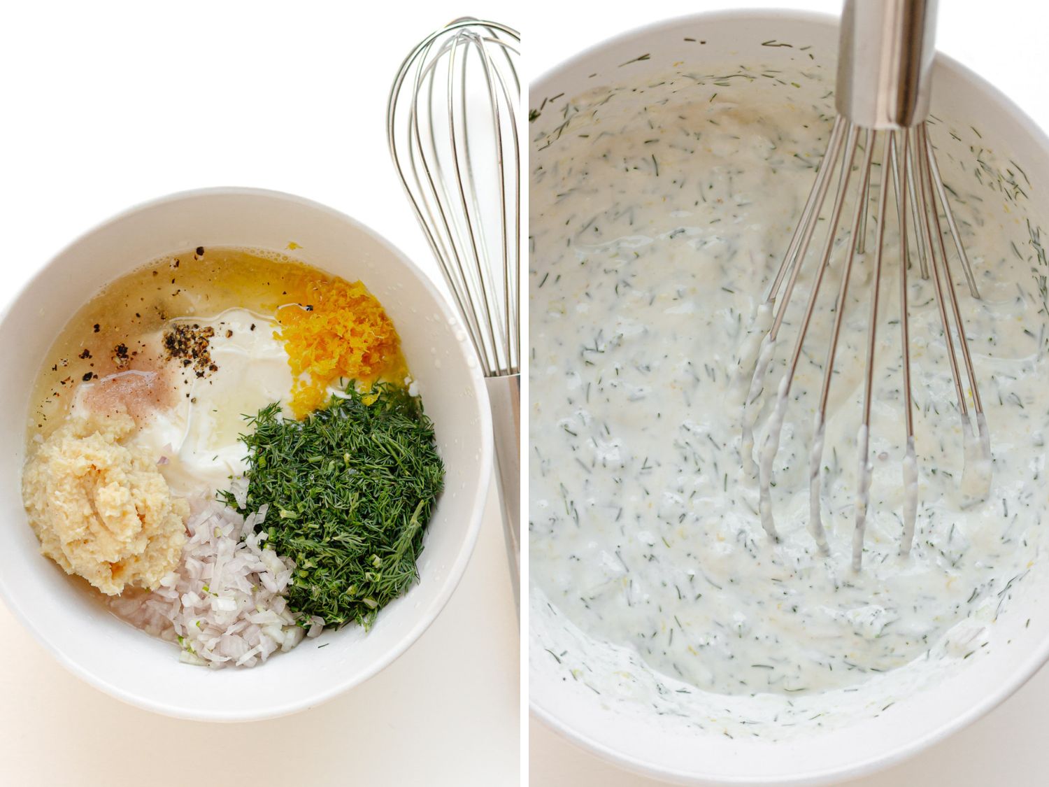 Photo collage showing lemon dill sour cream sauce being made.