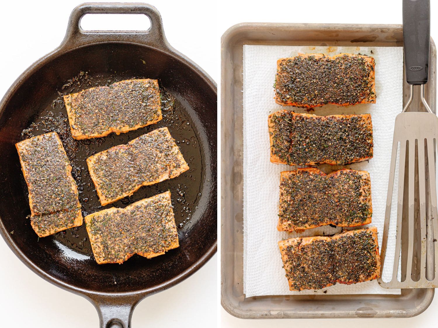 Photo collage showing salmon filets with herb crust being pan seared and then draining on paper towel.